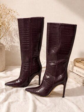 Plum Croc-Embossed Knee High Stiletto Boots